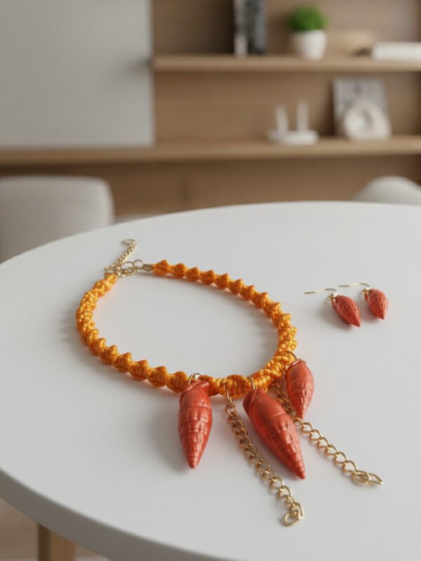 Orange Rope Necklace With Coral Shell Charms